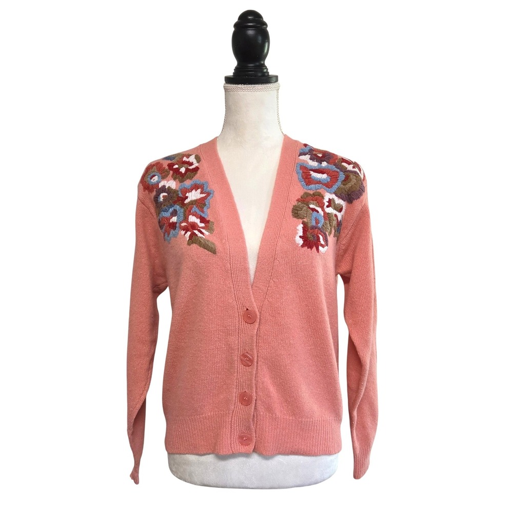 80s Lambswool Angora Coral Floral Embroidered Cardigan Sz S Cottagecore Twee